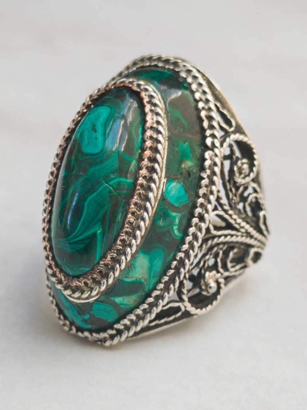 Vintage 800 Silver Malachite Mosaic Filigree Statement Ring – Size 7